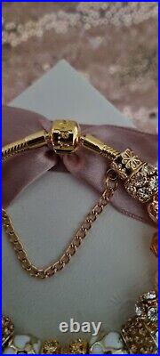 Genuine Pandora Bracelet in Gold with Pandora Clasp & Gold Charms 20 cm & Box