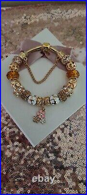 Genuine Pandora Bracelet in Gold with Pandora Clasp & Gold Charms 20 cm & Box