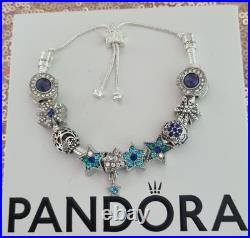 Genuine Pandora Bracelet star Clasp & Silver/Blue Charms Adjusts + Pandora Box
