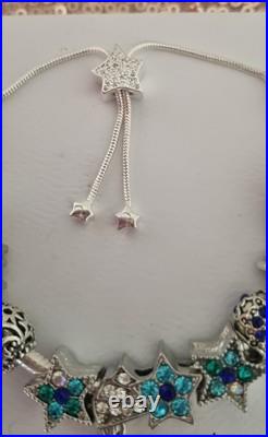 Genuine Pandora Bracelet star Clasp & Silver/Blue Charms Adjusts + Pandora Box