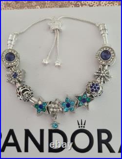 Genuine Pandora Bracelet star Clasp & Silver/Blue Charms Adjusts + Pandora Box