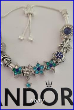 Genuine Pandora Bracelet star Clasp & Silver/Blue Charms Adjusts + Pandora Box