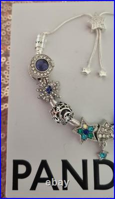 Genuine Pandora Bracelet star Clasp & Silver/Blue Charms Adjusts + Pandora Box