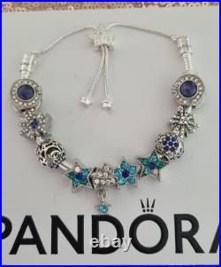 Genuine Pandora Bracelet star Clasp & Silver/Blue Charms Adjusts + Pandora Box