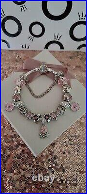 Genuine Pandora Bracelet with Crown signature Clasp & Charms 19 cms S925 ALE+Box