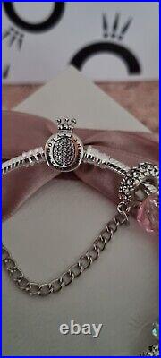 Genuine Pandora Bracelet with Crown signature Clasp & Charms 19 cms S925 ALE+Box