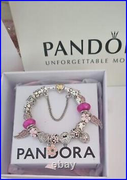Genuine Pandora Bracelet with Gold Heart Clasp + Silver & Pink Charms 19 cms+Box