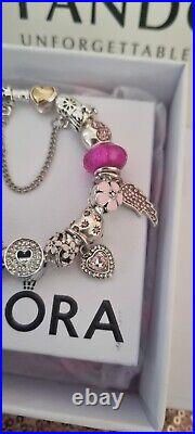 Genuine Pandora Bracelet with Gold Heart Clasp + Silver & Pink Charms 19 cms+Box
