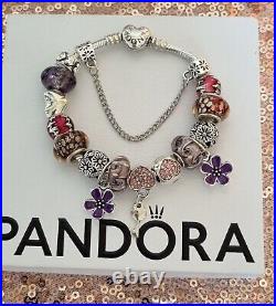 Genuine Pandora Bracelet with Heart Clasp + Silver &Purple Charms 18cms + Box