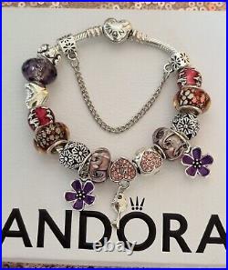 Genuine Pandora Bracelet with Heart Clasp + Silver &Purple Charms 18cms + Box