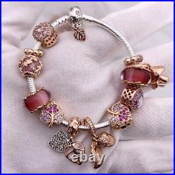 Genuine Pandora Charm Bracelet Leaf Clasp + Rose Gold Charms 20 cm + Pandora Box