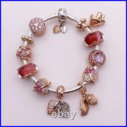 Genuine Pandora Charm Bracelet Leaf Clasp + Rose Gold Charms 20 cm + Pandora Box