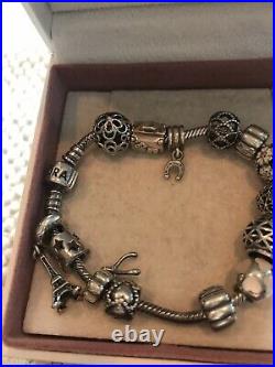 Genuine Pandora Charm Bracelet With 12 Charms Bundle White Silver Floral Heart