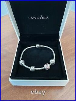 Genuine Pandora Moment Snake Chain Bracelet with four charms & box Size 19 Vgc
