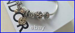 Genuine Pandora Silver & 14ct Gold Clasp Bracelet & Charms/clips Used Vgc