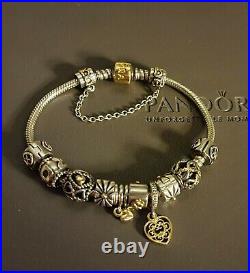 Genuine Pandora Silver & 14ct Gold Clasp Bracelet & Charms/clips Used Vgc