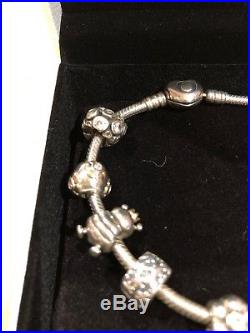 Genuine Pandora Silver Bracelet Heart Clasp 7 Charms 2 Clip Charms 20cm