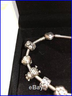 Genuine Pandora Silver Bracelet Heart Clasp 7 Charms 2 Clip Charms 20cm