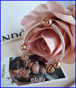 Genuine Pandora Silver Bracelet With Heart Clasp+ 8 Charms 14k Rose Gold 580719