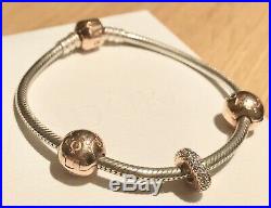 Genuine Pandora Silver Bracelet With Rose Gold Clasp And 3 Charms Never Worn