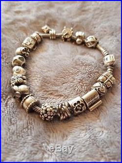 Genuine Pandora Silver Bracelet with 16 charms plus 2 clip spacers 21cm