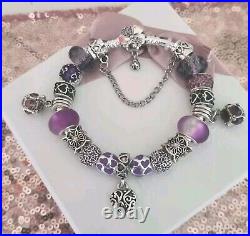 Genuine Pandora Silver Charm Bracelet +purple Charms 19 cm ALE S925 +Pandora Box