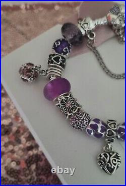 Genuine Pandora Silver Charm Bracelet +purple Charms 19 cm ALE S925 +Pandora Box