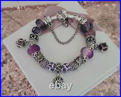 Genuine Pandora Silver Charm Bracelet +purple Charms 19 cm ALE S925 +Pandora Box