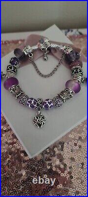 Genuine Pandora Silver Charm Bracelet +purple Charms 19 cm ALE S925 +Pandora Box