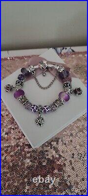 Genuine Pandora Silver Charm Bracelet +purple Charms 19 cm ALE S925 +Pandora Box