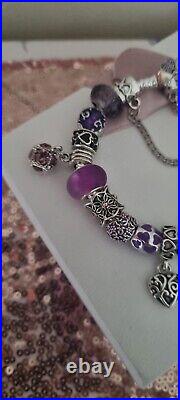 Genuine Pandora Silver Charm Bracelet +purple Charms 19 cm ALE S925 +Pandora Box