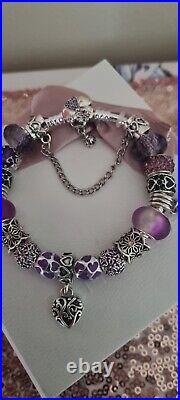 Genuine Pandora Silver Charm Bracelet +purple Charms 19 cm ALE S925 +Pandora Box