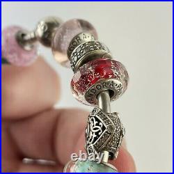 Genuine Pandora Sterling Silver Charm Bracelet With 19 Charms Disney Glass Etc