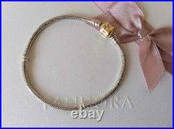 Genuine Pandora silver with 14ct gold barrel clasp charm bracelet with box