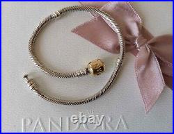 Genuine Pandora silver with 14ct gold barrel clasp charm bracelet with box