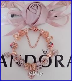 Genuine Rose Gold Pandora Bracelet Bangle Butterfly+ Rose Gold Charms 20 cm +Box