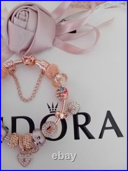 Genuine Rose Gold Pandora Bracelet Bangle Butterfly+ Rose Gold Charms 20 cm +Box