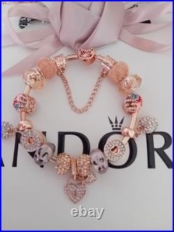 Genuine Rose Gold Pandora Bracelet Bangle Butterfly+ Rose Gold Charms 20 cm +Box