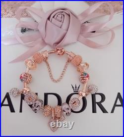 Genuine Rose Gold Pandora Bracelet Bangle Butterfly+ Rose Gold Charms 20 cm +Box