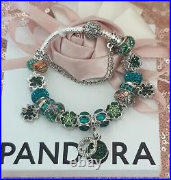 Genuine Silver Pandora Charm Bracelet + Green & Silver Charms 19cm & Pandora Box