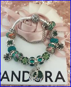 Genuine Silver Pandora Charm Bracelet + Green & Silver Charms 19cm & Pandora Box