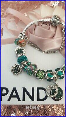 Genuine Silver Pandora Charm Bracelet + Green & Silver Charms 19cm & Pandora Box