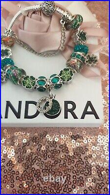 Genuine Silver Pandora Charm Bracelet + Green & Silver Charms 19cm & Pandora Box