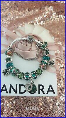 Genuine Silver Pandora Charm Bracelet + Green & Silver Charms 19cm & Pandora Box