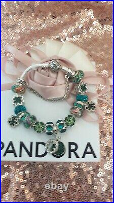 Genuine Silver Pandora Charm Bracelet + Green & Silver Charms 19cm & Pandora Box