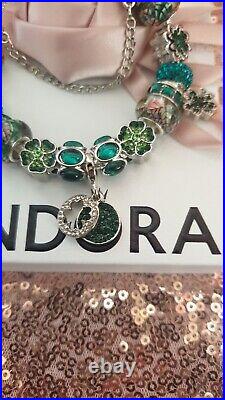 Genuine Silver Pandora Charm Bracelet + Green & Silver Charms 19cm & Pandora Box