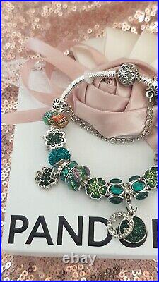 Genuine Silver Pandora Charm Bracelet + Green & Silver Charms 19cm & Pandora Box