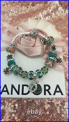 Genuine Silver Pandora Charm Bracelet + Green & Silver Charms 19cm & Pandora Box