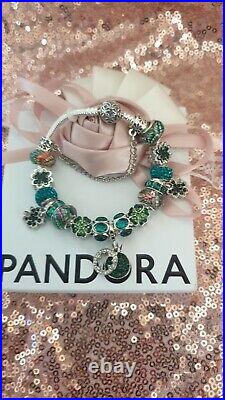 Genuine Silver Pandora Charm Bracelet + Green & Silver Charms 19cm & Pandora Box