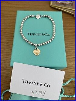 Genuine Tiffany & Co 18ct Rose Gold Heart Charm Beaded Sterling Silver bracelet